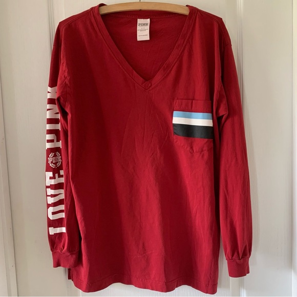 PINK Victoria's Secret Tops - Victoria’s Secret PINK long sleeve V neck oversized stripe pocket